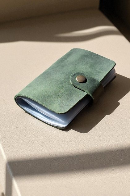 Green Card Holder Genuine Leather Transparent Inside 10 Compartments Small Card Holder Gift Business Card Holder 9 X 7 cm