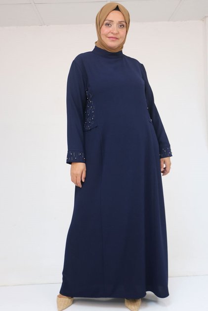 52013 Plus Size Crepe Dress with Stone Detail - Navy Blue