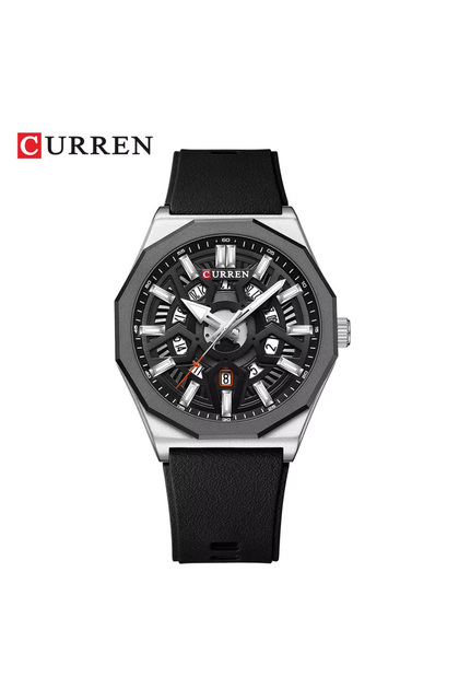 8437 Men's Analog Watch with Geometric Dial Black Silicone Strap And Date Display