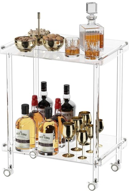 Clear Acrylic Bar Cart (60×38×76 cm) – 2-Tier Serving Trolley with Lockable Wheels