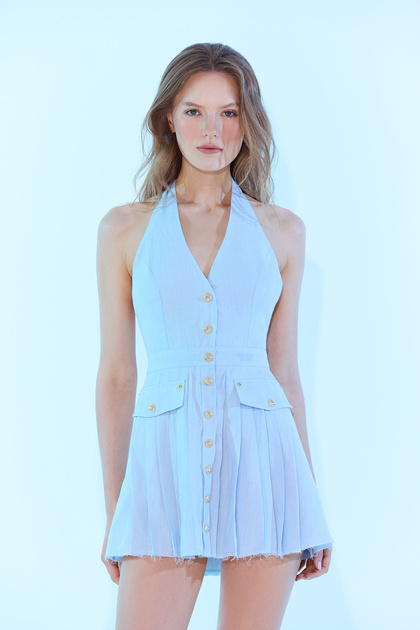 Ss6057 Halter Mini Pleated Dress