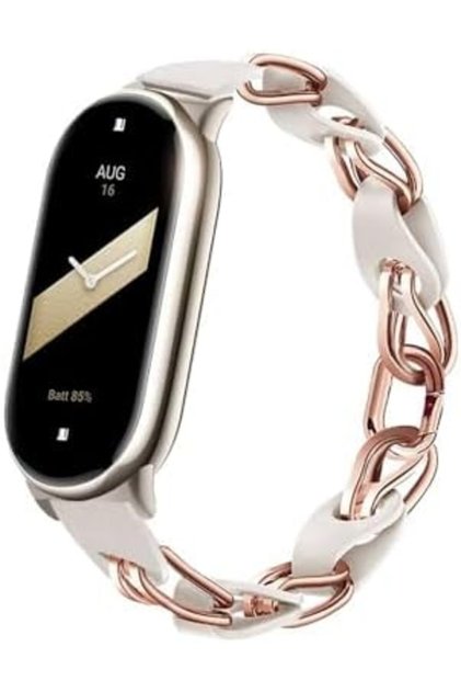 Stainless Steel Leather Ring Chain Belt Mi band 8 Straps Silver & Rose Gold