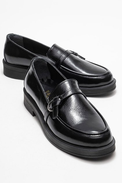Galea Black Patent Leather Buckle Genuine Leather Women's Loafer Shoes