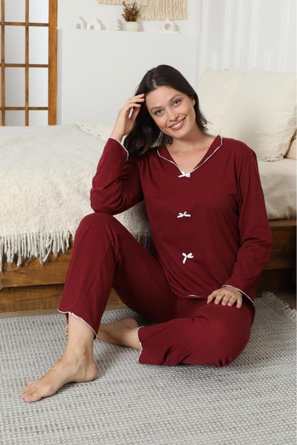 Long Sleeve Bow Detailed Collared Pajama Set - Burgundy