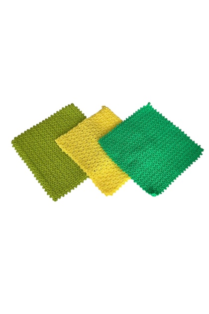 Hand Knitted Star Model Square 3-Piece Bath Washcloth Pale Green & Yellow & Phosphorescent Green