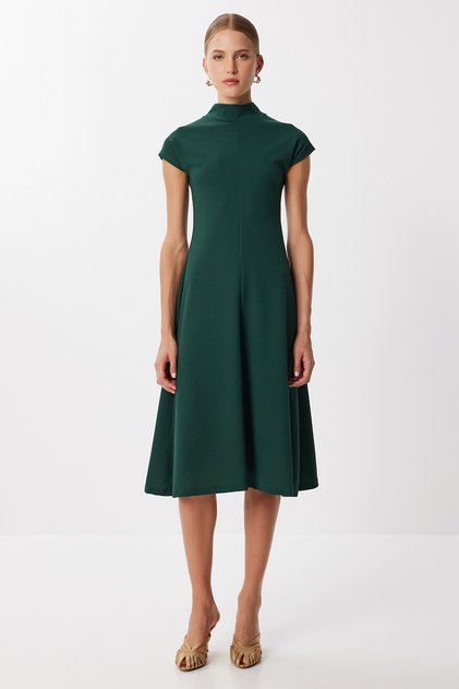 High Neck Flared Midi Knitted Dress Lub0223 Emerald Green