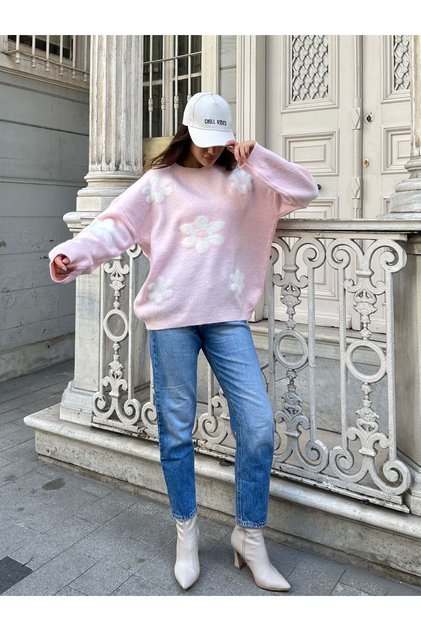 Daisy Patterned Oversize Soft Textured Ribbed Knitwear Sweater 1150 - Pink