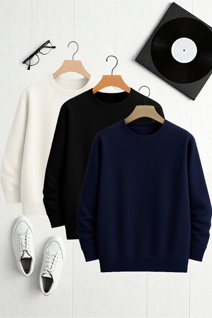Hanorac unisex cu 3 piese, alb, negru, bleumarin, cu decolteu crew neck