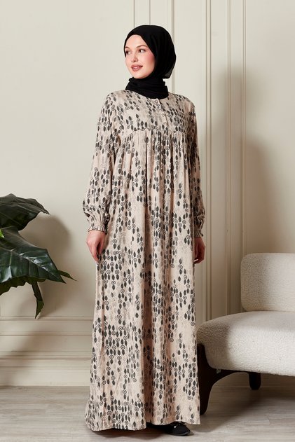 Shirred Robadan Buttoned Front Viscose Fabric Tesseture Clothing Mother Dress Prayer Dress