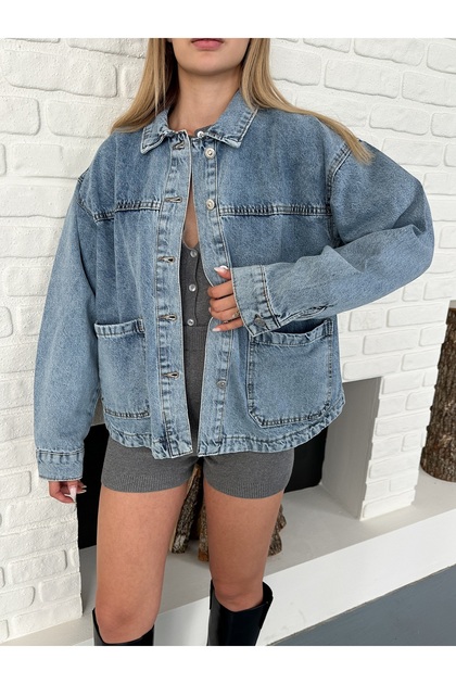 Mavi Yıkamalı Büyük Cepli Denim Ceket