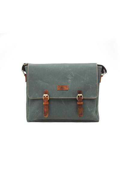 Design03 Canvas Leather Khaki Green 15.6 Inch Unisex Postman Laptop Bag