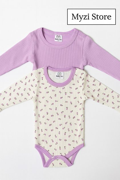 Baby Girl Piece (1 Patterned-1 Solid) 100% Cotton Long Sleeve Snap Fastener Bodysuit