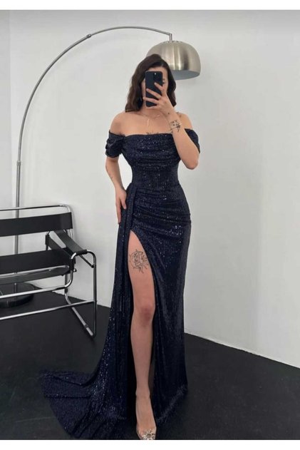 Rochie de seară lungă pentru femei, albastru bleumarin, cu paiete, cu mâneci scurte, cu deschidere, rochie de banchet