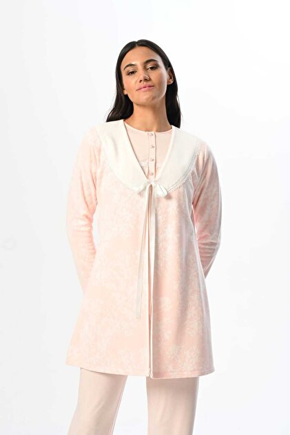Women's Powder Patterned Lace Winter Special Design Maternity Maternity Dressing Gown Pajama Set