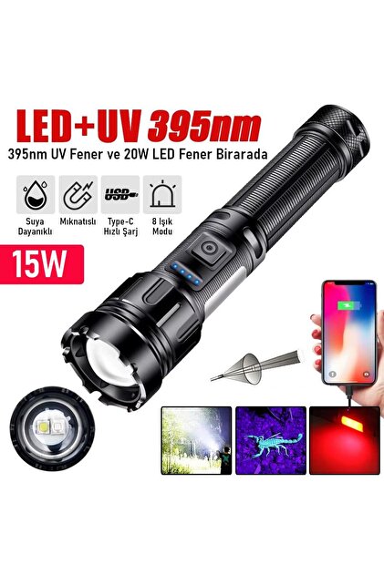 15W LED + UV El Feneri 1200mAh Şarjlı 9 Mod Zoom Powerbank Özellikli Suya Dayanıklı Fener