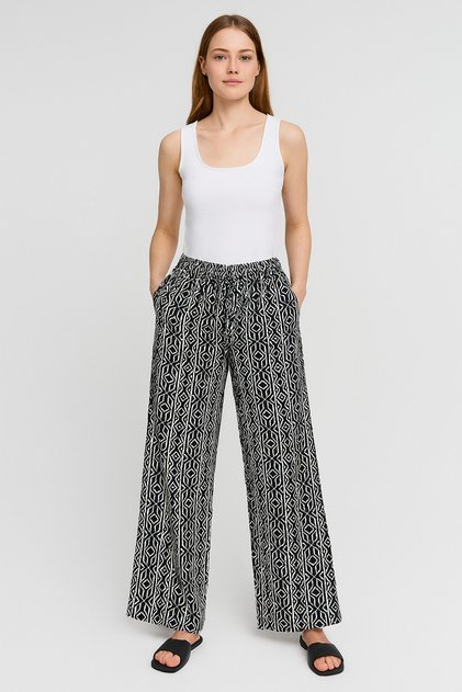 Women's Black Patterned Belted Elastic Waist Double Pocket Relaxed Fit Palazzo Modal Trousers