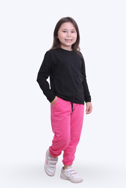 Round Neck, Solid, Printless Girl's Bottom-Up Pajama Set with Elastic Waist