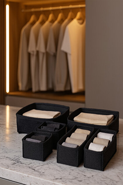 Felt Drawer and Closet Organizer Set 6 Pieces - Black, Multi-Purpose Organizer Boxes