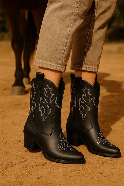 Eda Black Matte Embroidered Detailed Western Cowboy Boots