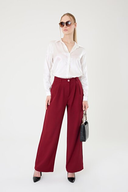 Burgundfarbene Palazzo-Hose mit hoher Taille für Damen