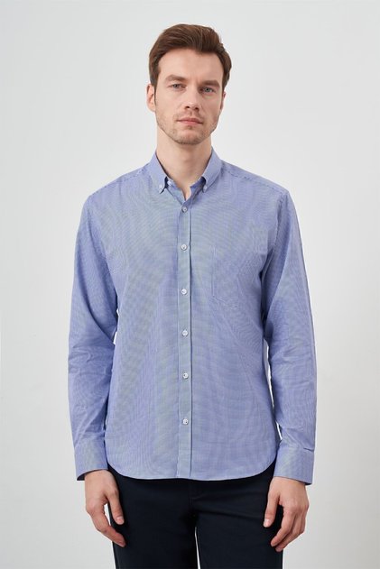 Men's Blue Cotton Plaid Buttoned Collar Regular Fit Shirt