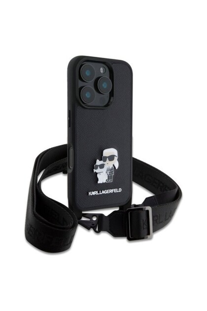 Stand out in style – Black Leather Case with Hand Strap for iPhone 16 Pro Max by KARL LAGERFELD