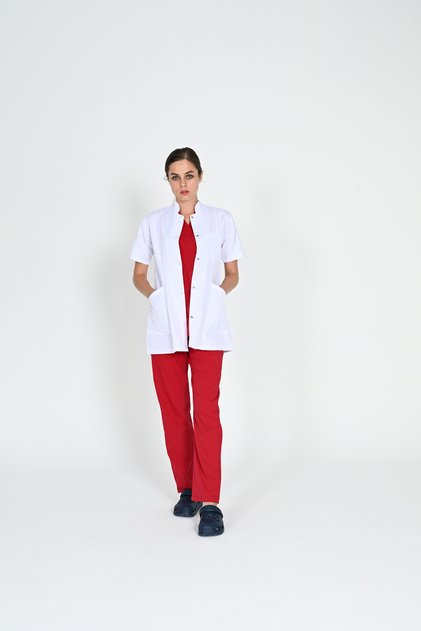 Women's Short Sleeve Jacket, High Collar, Doctor Nurse Teacher Apron, White Coat