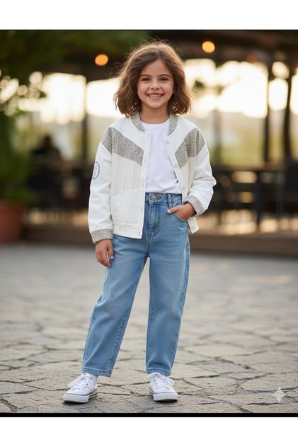 Girl's Ecru Colored Mesh Detailed Relaxed Jacket