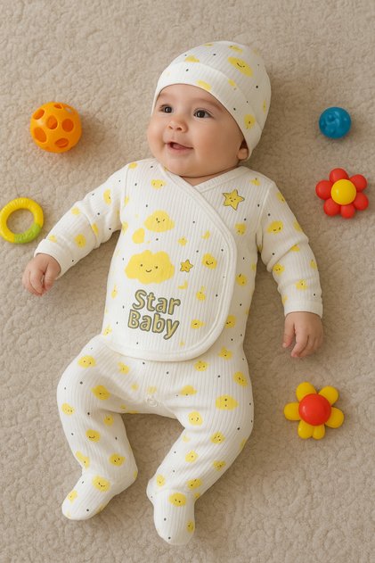 Yellow Cloudy Girl Boy Baby Suit with Gloves Hospital Exit