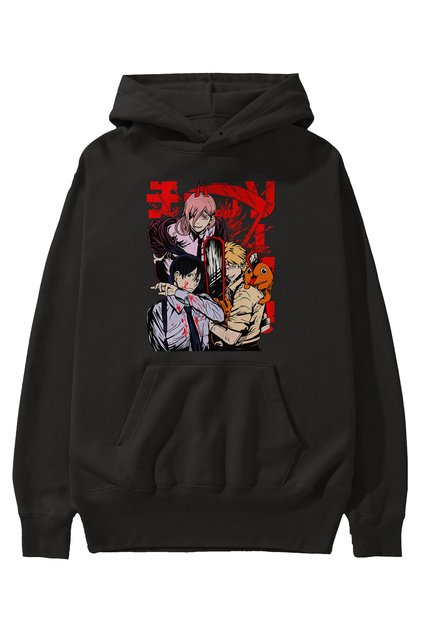 CHAINSAWMAN CREW Anime Front Printed Black Hoodie Oversize Hooded Sweatshirt Men Women