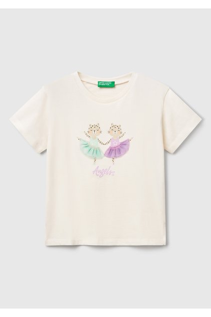 Girl's Ecru Front Printed Tulle Appliqued Slit T-Shirt