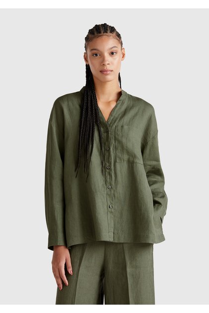 Women's Khaki 100% Linen Oversize Mandarin Collar Shirt with Left Front Pocket
