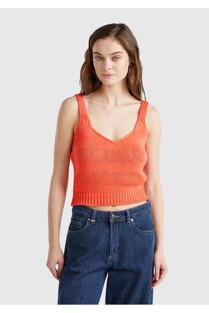 Women's Orange 100% Cotton Stripe Effect Knitted Relax Fit V-Neck Knitwear Undershirt