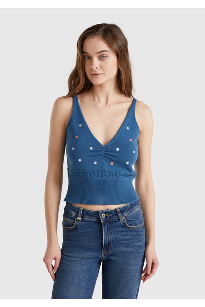 Women's Denim 100% Cotton Floral Embroidered Chest Gathered Regular Fit Knitwear Undershirt