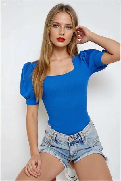 Women's Cobalt Blue Square Neck Knitted Blouse Hzl22W-Bd104091