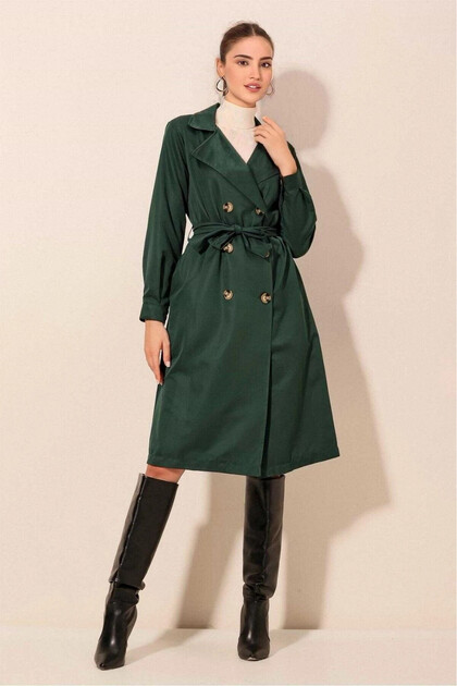 Women's Emerald Double Breasted Collar Belted Unlined Seasonal Casual Trench Coat Hzl22s-bd158531
