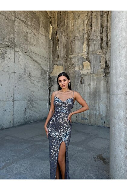 Modafeminen Trend Yırtmaçlı Kadife Pulpayet Elbise Gri 583293