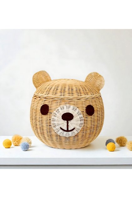 Natural Bamboo Teddy Bear Basket (Large Size) Hand-Woven, Handmade, Rattan, Organizer, with Lid