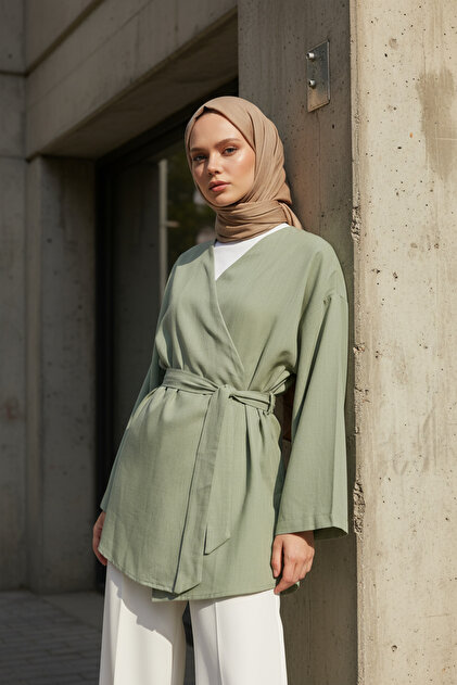 Çağla Yeşili - 100% Cotton Pocketed Belted Women's Hijab Kimono 1166-Tes