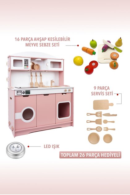 Ahşap Oyuncak Boyalı Çocuk Mutfak Servis Seti Led Ocaklı Işıklı