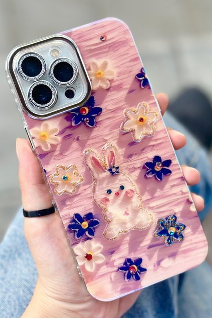 iPhone 13 Pro uyumlu Çiçek Desenli Kendinden Lens Korumalı Parlak Şık Hologramlı Paint