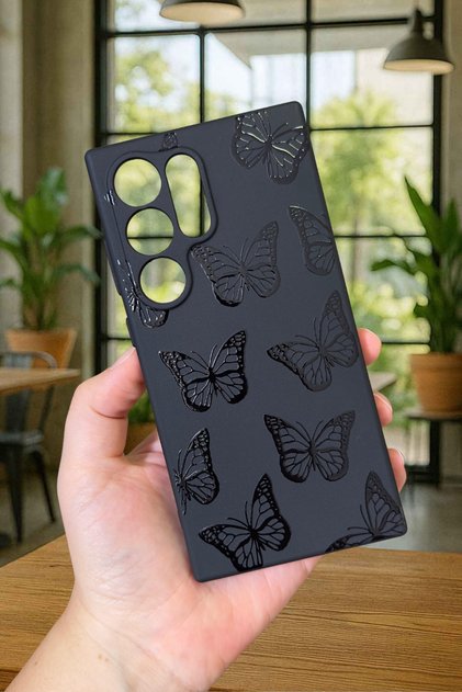 Samsung Galaxy S22 Ultra-Black Butterfly Patterned Silicone Shock-Absorbing Classic Protective Rubber Case
