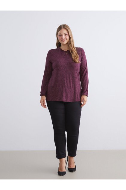 Alita City Farkıyla Lcw Grace Plum Combed Cotton Patterned Oval Neck Long Sleeve Women's Blouse