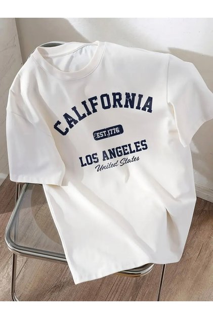 تي شيرت CALIFORNIA LOS ANGELES مطبوع للجنسين للنساء/الرجال برقبة دائرية كبيرة الحجم