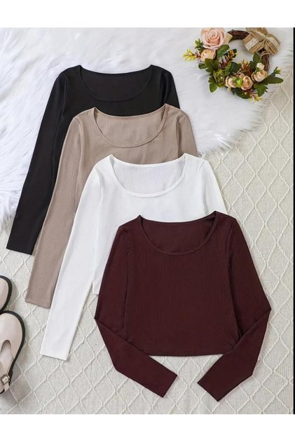 Women's 4-Pack Cotton Body-Hugging Ribbed Fabric Square Neck Long Sleeve Crop Blouse