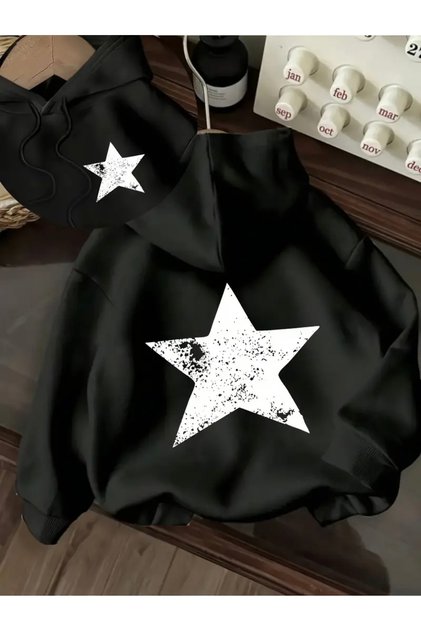 Star Printed Oversized Hooded Sweatshirt