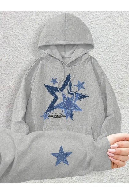 Blue Stars Front and Sleeve Printed Oversize Unisex Women/Men Hooded Sweatshirt