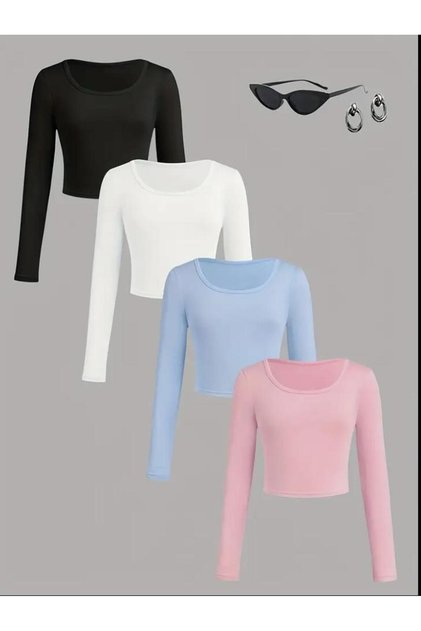 Kadın 4'Lü Paket Pamuklu Vücudu saran fitilli kumaş KARE YAKA UZUN KOLLU crop bluz
