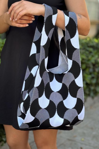 Women's Geometric Patterned Bag Knitwear Hand & Shoulder Tote Bag Black Chax818