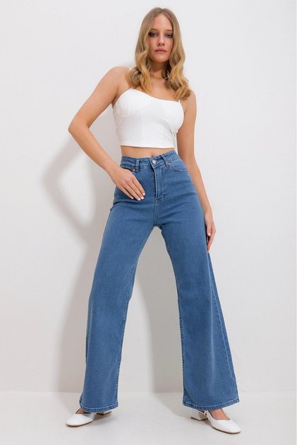 Medium Blue Women's Ema 90's Lycra Super High Waist Loose Jeans Palazzo Pants